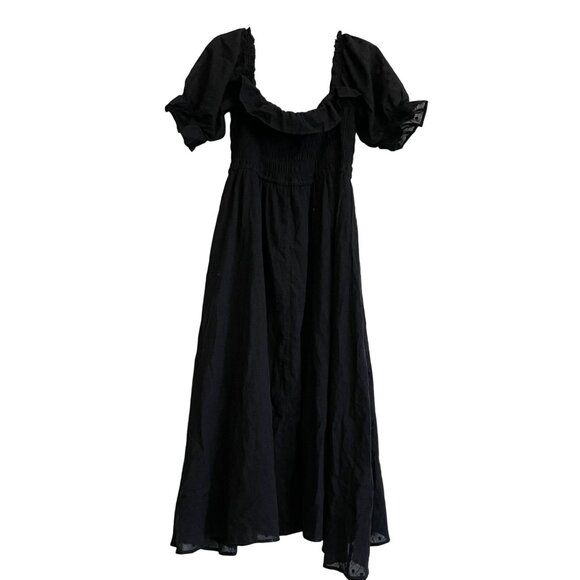 Women’s Maxi‎ Black Dress Square Neck Puff Sleeves Sz XL Smoked Flowy Polka Dot - Picture 2 of 11